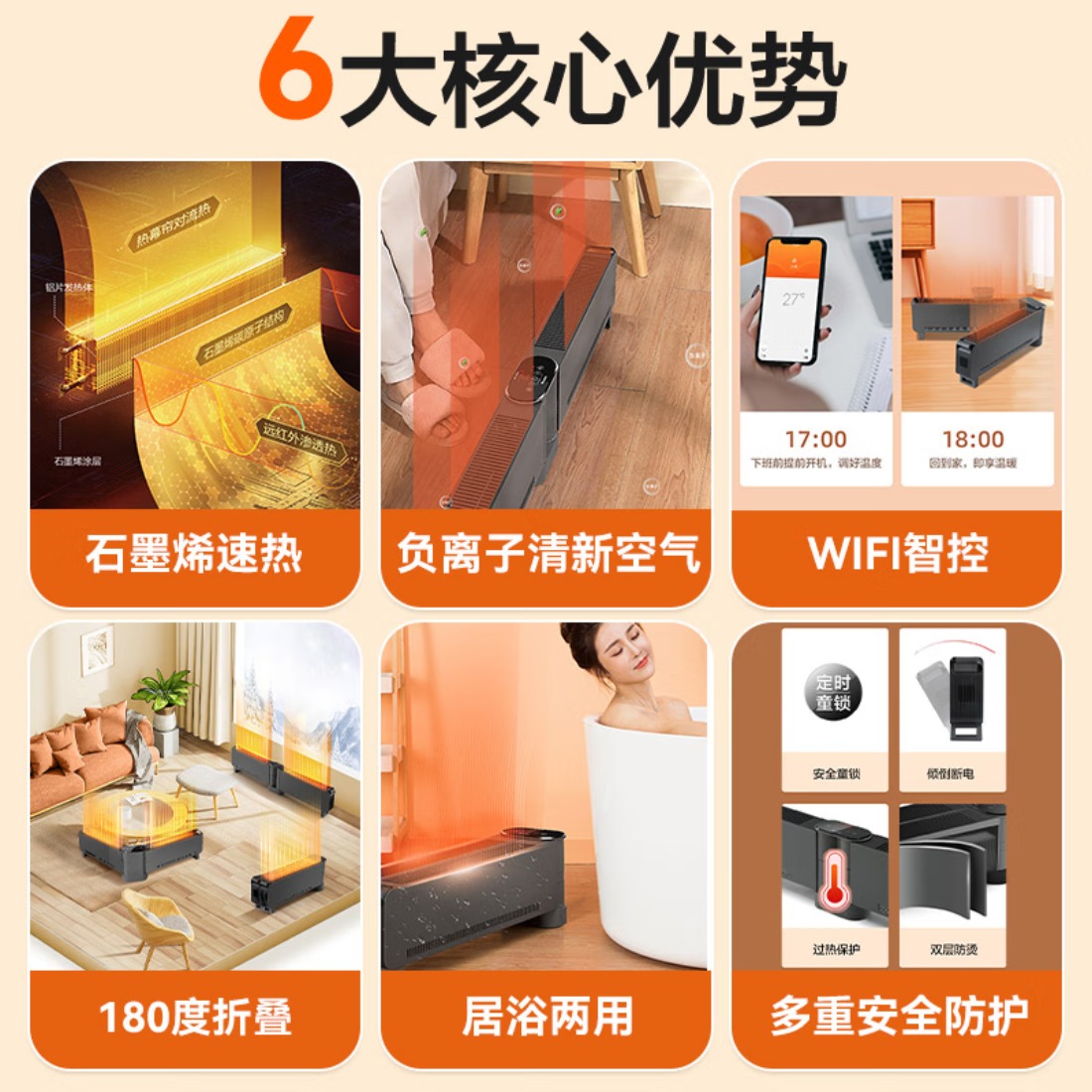 格力(GREE)wifi智控折叠踢脚线石墨烯取暖器家用负离子加湿电暖器电暖气片IPX4级防水地暖NDJD-S6022B高清大图