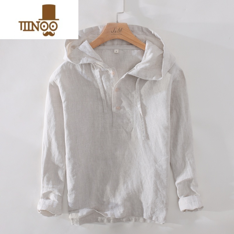 YANXU极麻日系清新连帽百搭薄款亚麻卫衣男士休闲宽松透气棉麻上衣外套高清大图