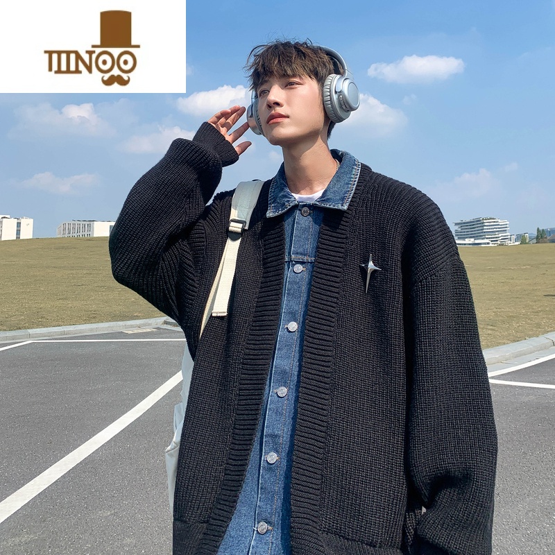YANXU假牛仔拼接针织衫男2023潮牌慵懒翻领毛衣宽松开衫松衫 2XL 黑色