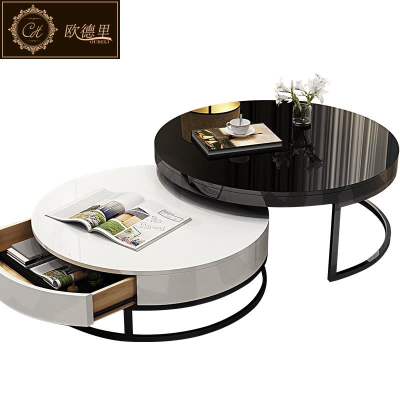 欧德里 现代简约创意茶台黑白圆形北欧大小户型茶几桌子客厅家具图片