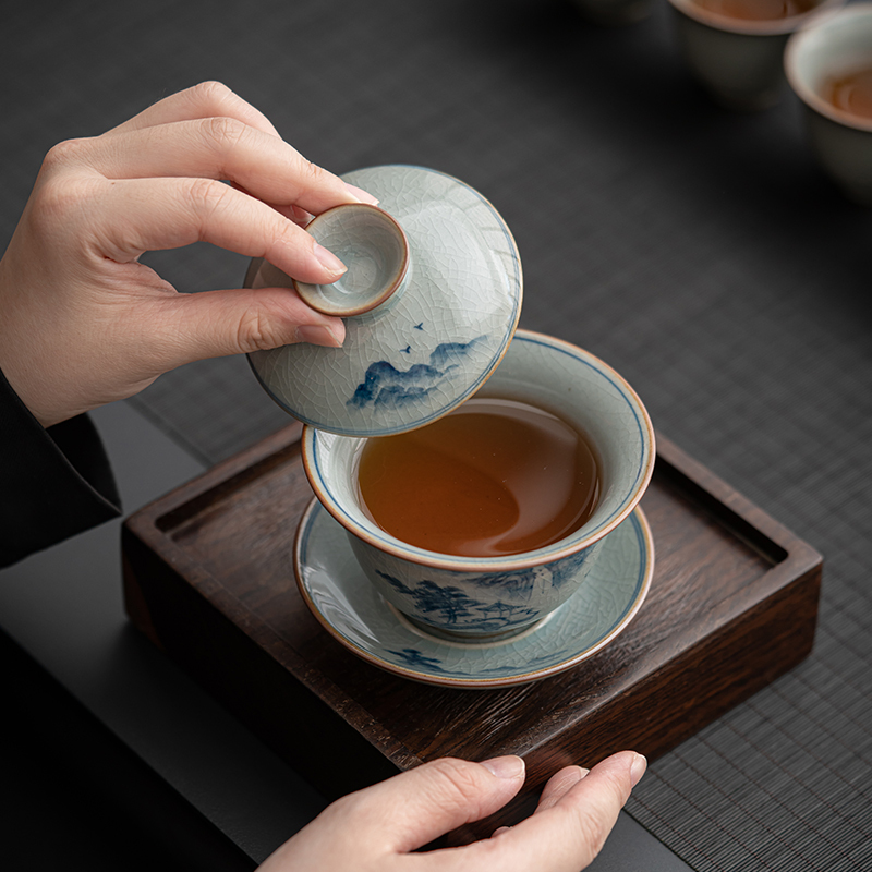苏氏陶瓷(SUSHI CERAMICS)汝窑开片手绘山水泛舟三才盖碗茶壶礼盒茶具组
