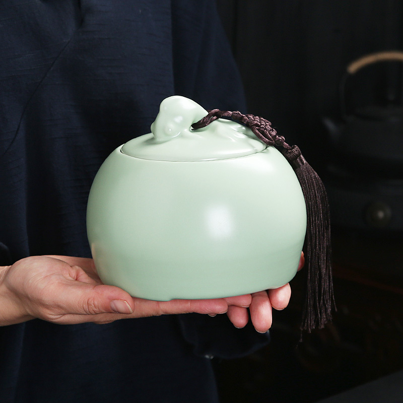 常生源 茶具 仿宋汝窑大号茶叶罐花茶罐密封储藏罐 年年有余茶叶罐