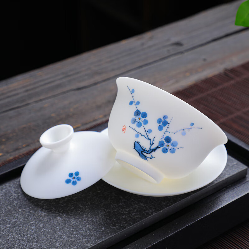 拓牌 11头素烧手绘羊脂玉瓷-五福梅花 轻奢茶具套装茶壶/茶杯整套茶具+彩盒包装高清大图