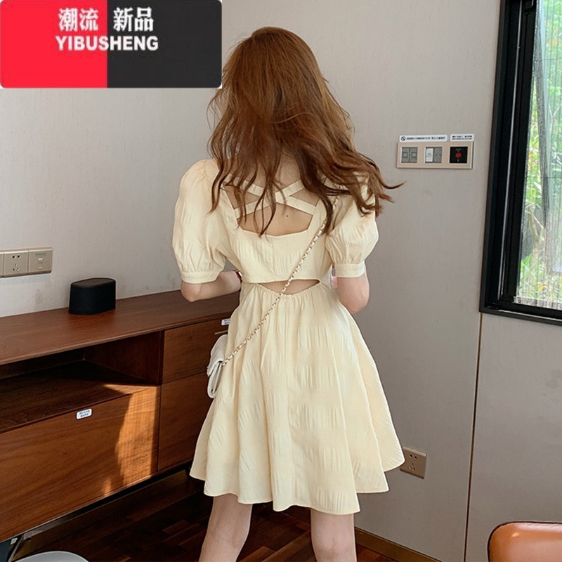 YIBUSHENG连衣裙女法式气质仙泡泡袖露背短裙森系复古显瘦设计感小众裙子高清大图