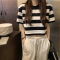 原宿风条纹短袖T恤女夏装韩版潮高腰露脐短款显瘦学生宽松上衣服