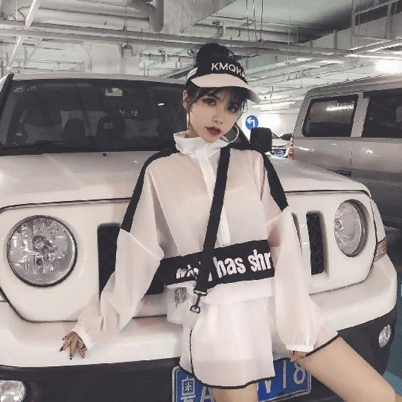 时尚休闲套装女秋季韩版宽松薄款防晒衣外套+高腰阔腿短裤两件套