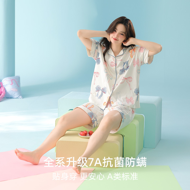 米奇喵[抗菌新疆棉]奶fufu浅底彩蝴蝶结睡衣女拉架棉宽松短袖翻领套装 蝴蝶结睡衣女 尺码备注高清大图