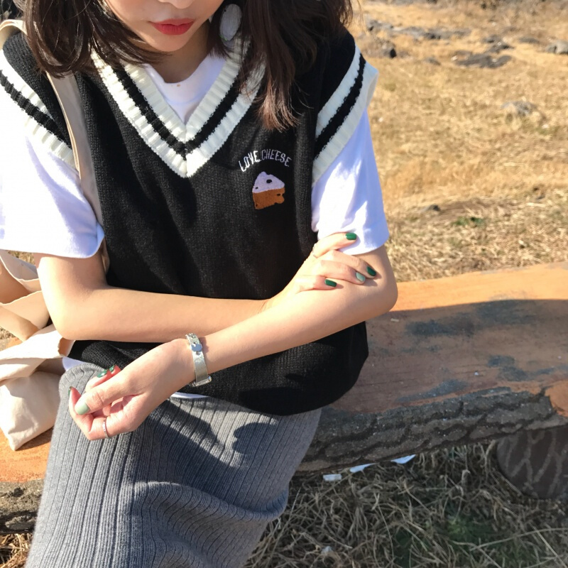 春夏女装韩版宽松撞色条纹V领刺绣针织衫毛衣无袖马甲背心上衣潮黑色均码