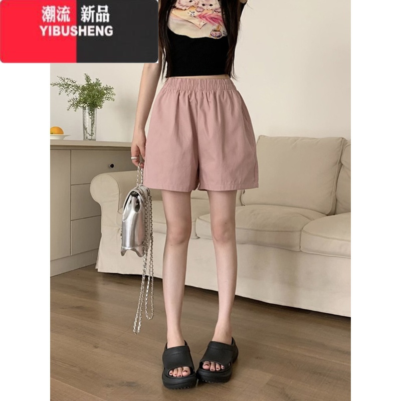 YIBUSHENG松紧腰黑色休闲裤直筒裤女季宽松显瘦中裤阔腿裤短裤小个子裤子高清大图