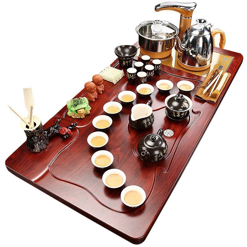 鱼丸茶具实木功夫茶具套装家用客厅简约自动烧水壶一体茶盘柯木茶台