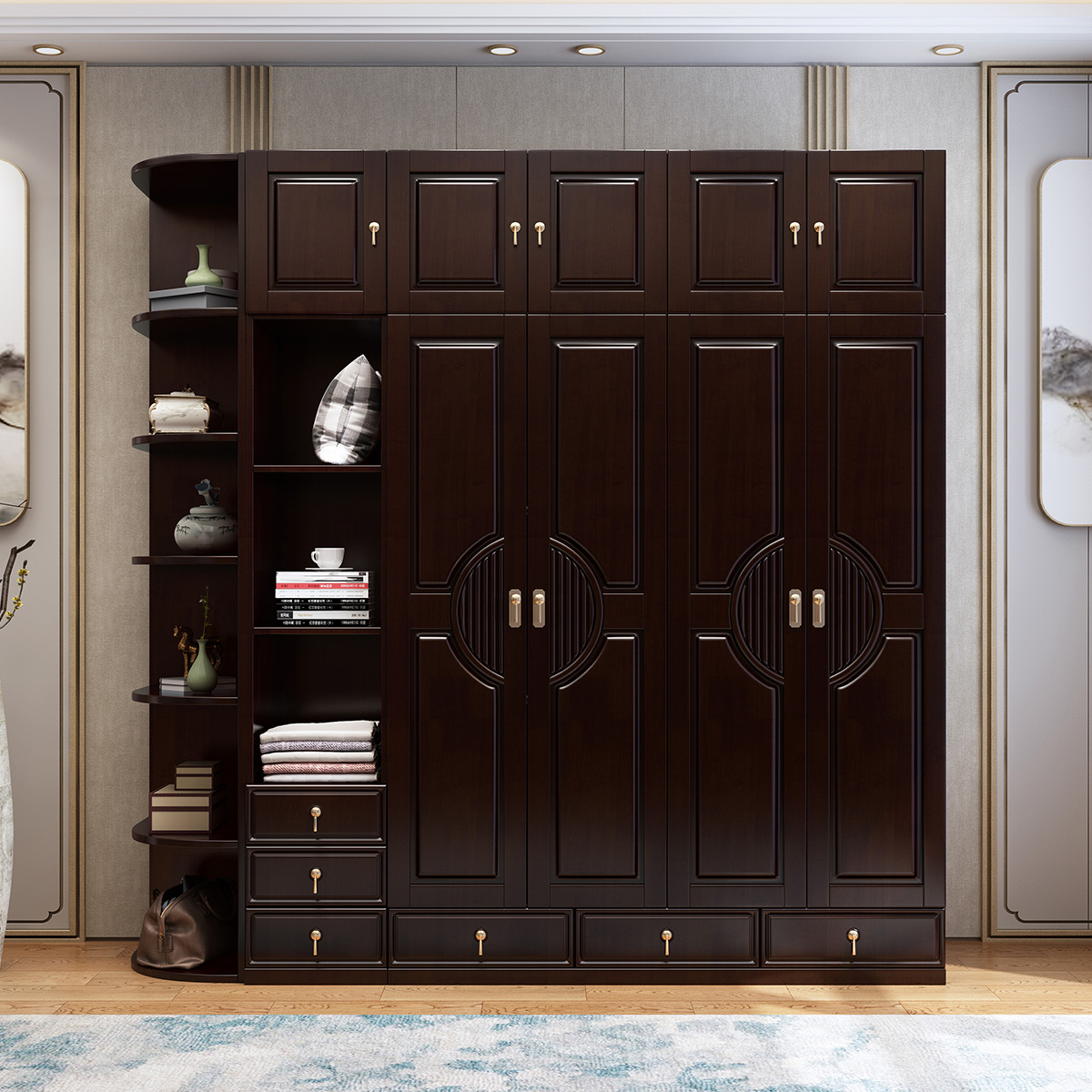 木格尚品 新中式衣柜全实木带顶柜边柜储物架卧室大衣橱大容量四门柜