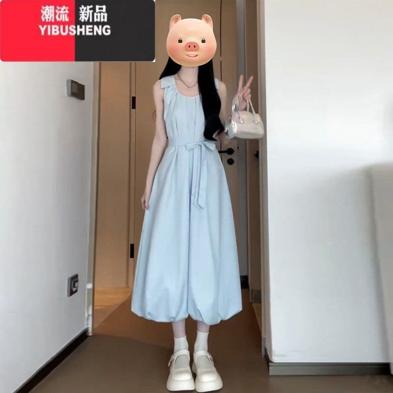 YIBUSHENG蓝色吊带连衣裙子女季2024新款绝美花苞无袖长裙海边度假风沙滩图片