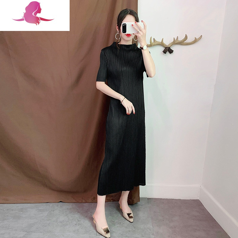 艳如飞三宅一生褶皱连衣裙2020春夏季中长款大码女装显瘦气质百搭打底裙大码女装