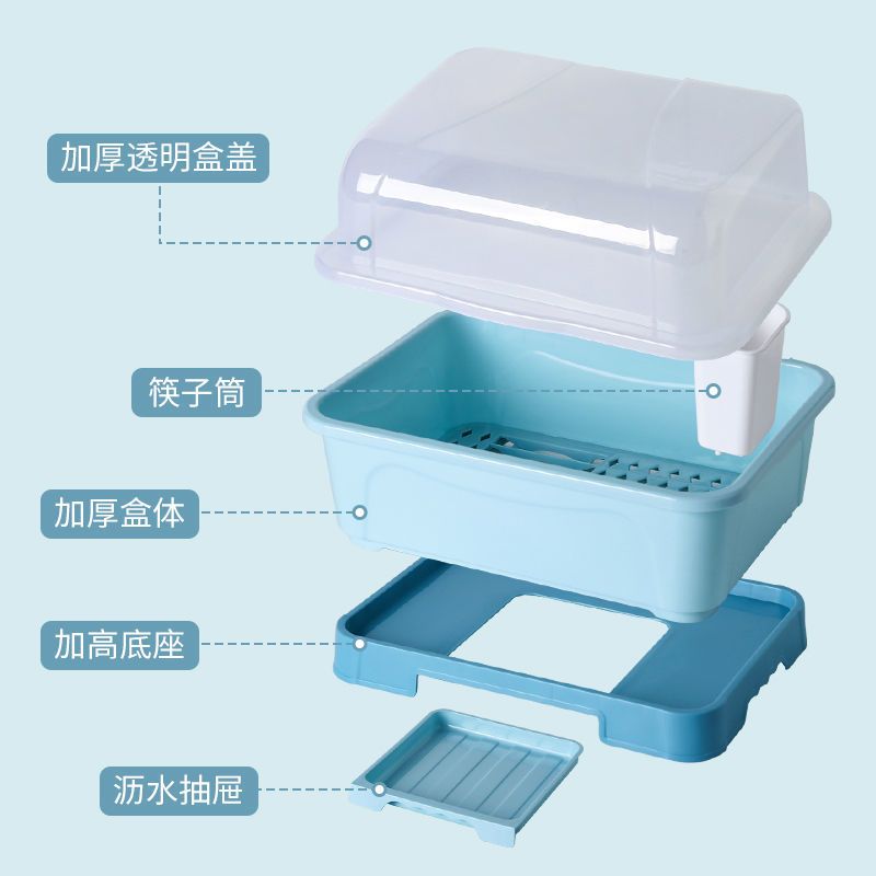 中号蓝色[全翻透明盖] 厨房碗筷收纳盒塑料碗柜家用抽屉式沥水碗架收纳盒碗碟餐具置物架