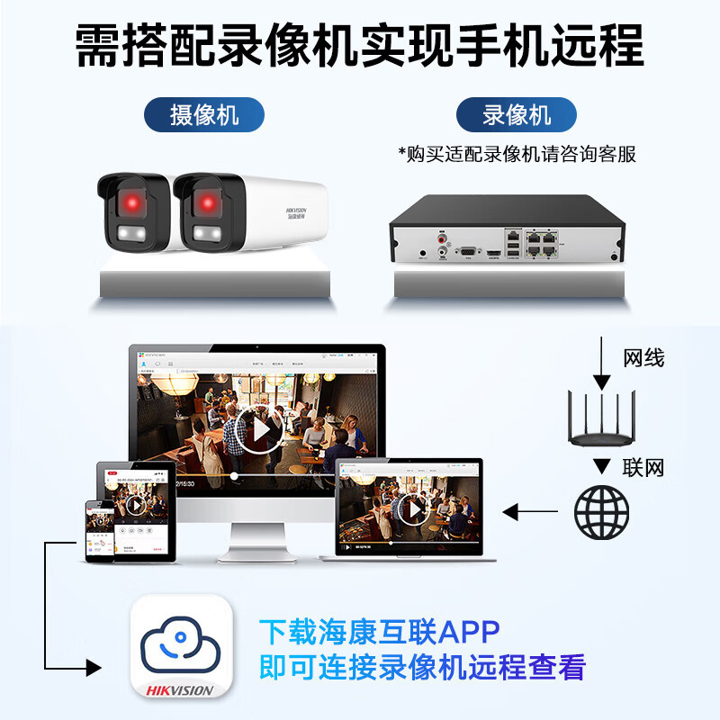 海康威视(HIKVISION)监控摄像头B13HV3-LA 4mm 300万红外全彩夜视AI人形检测可录音POE网线供电