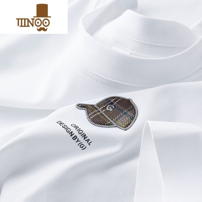 YANXU轻奢夏季薄款丝光棉压胶白色t恤男短袖修身圆领休闲半袖男士高清大图