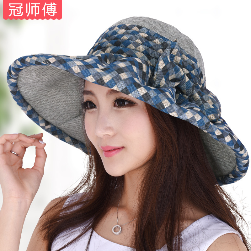 盛世尼曼帽子女夏天遮阳帽大檐亚麻太阳帽韩版时尚折叠沙滩帽户外防晒