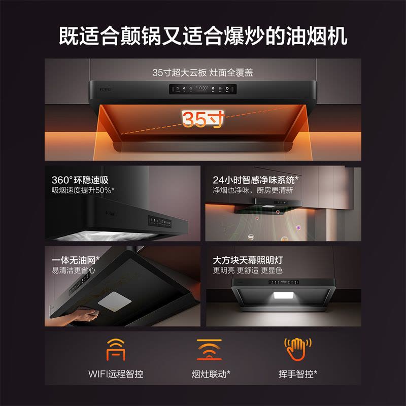 方太(FOTILE)新品欧式吸油烟机家用27大风量挥手智控智感净味顶吸式环隐速吸油烟机F5图片