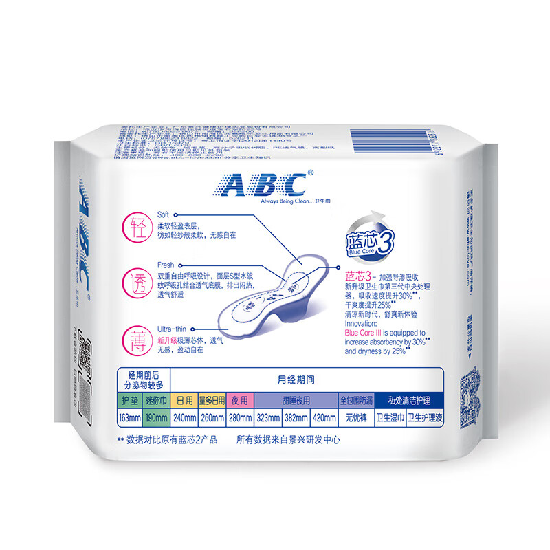 ABC KMS 迷你日用卫生巾套装 190mm*8片*3包高清大图