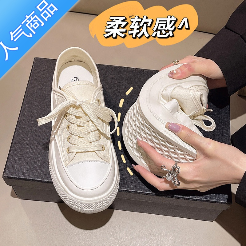 SUNTEK黑色厚底小白帆布板鞋女秋季ins潮2023年新款炸街百搭休闲运动鞋