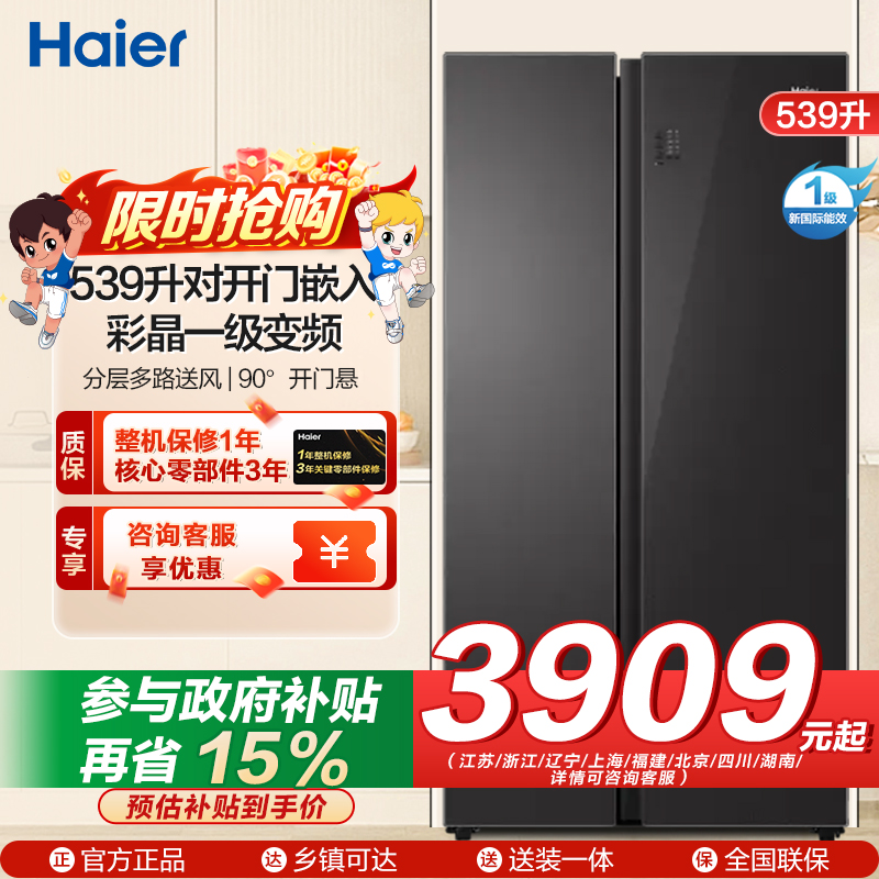 海尔(Haier)539升对开门嵌入冰箱 彩晶一级变频 阻氧干湿分储 DEO净味家用 BCD-539WGHSSE5SL