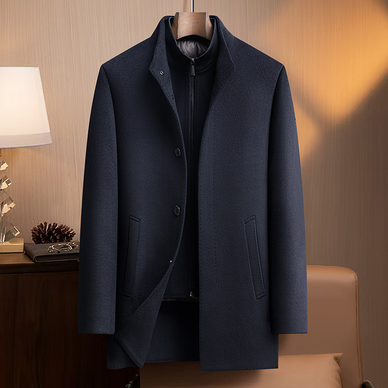 90鸭绒脱卸内胆中老年男式双面呢羊毛大衣双领中长保暖呢子大衣男