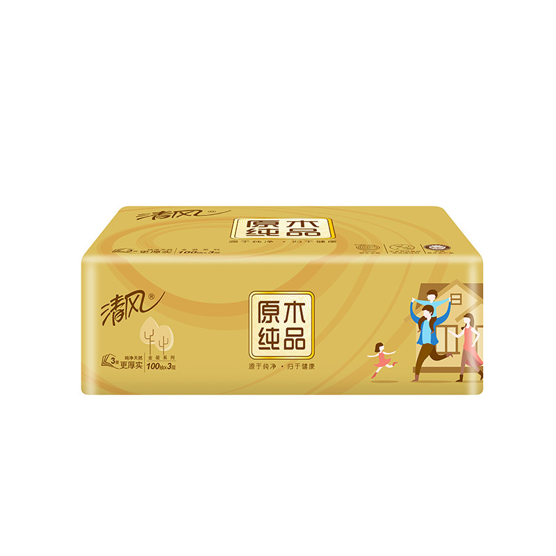 清风 抽纸 原木纯品金装系列 3层100抽30包 餐巾纸 擦手纸 面巾纸
