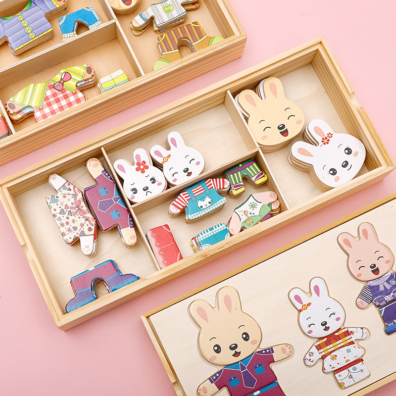 卡通木质动物换装拼图创意可爱儿童宝宝幼儿园益智积木玩具套装兔子款
