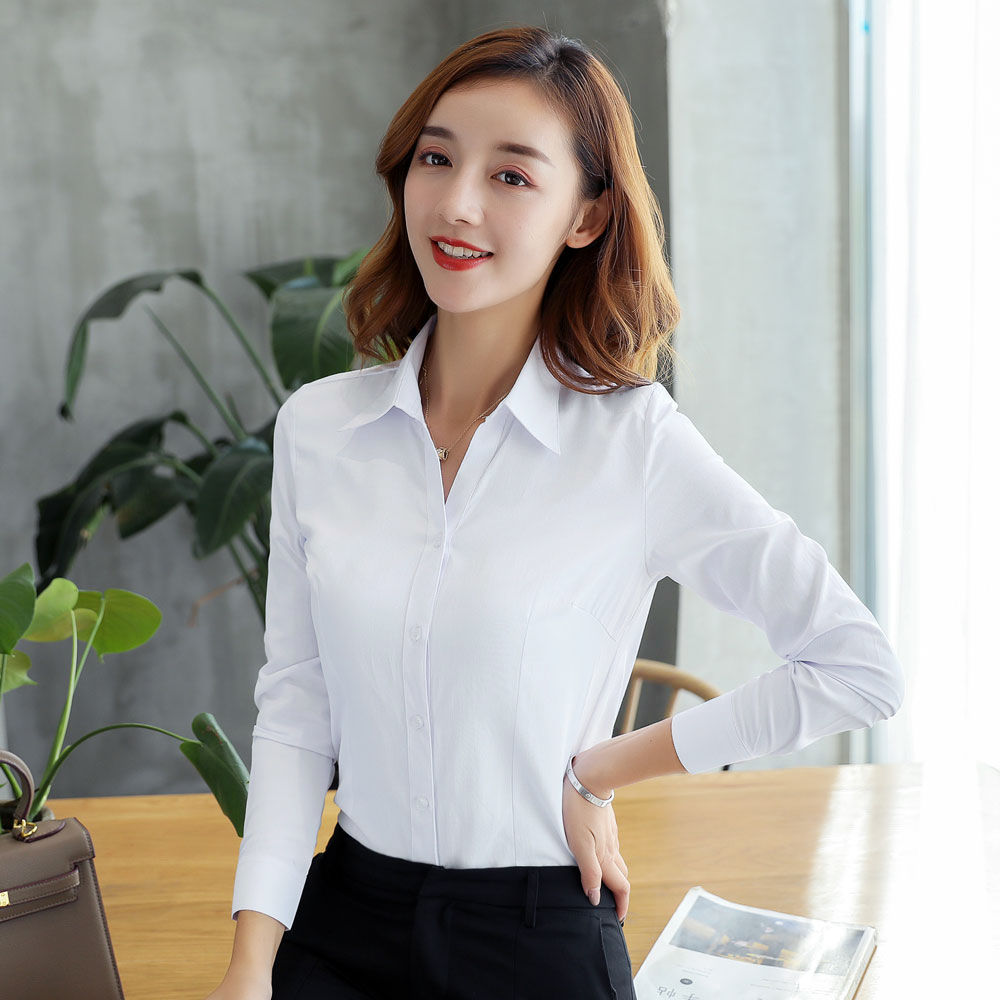 2019春秋装新款韩国小清新学生纯白色衬衫女长袖简约修身打底衬衣女臻