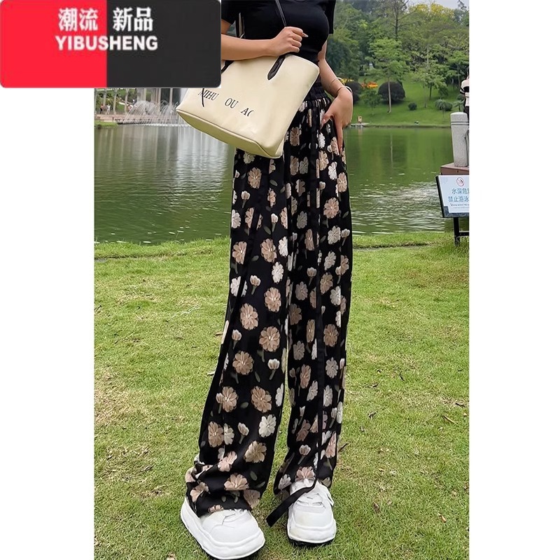 YIBUSHENG碎花印花飘带阔腿休闲裤女2024年季薄款宽松直筒长裤沙滩防蚊裤高清大图