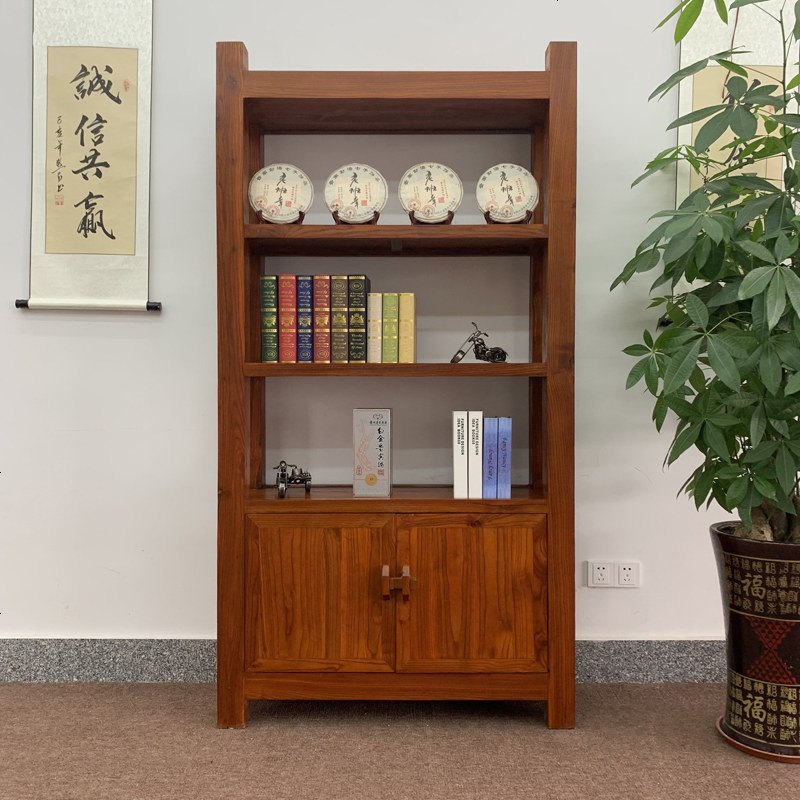 老榆木中式博古实木茶室茶叶置物隔断展示书架陈列柜复古货架定制 两_层架_1-1.2米