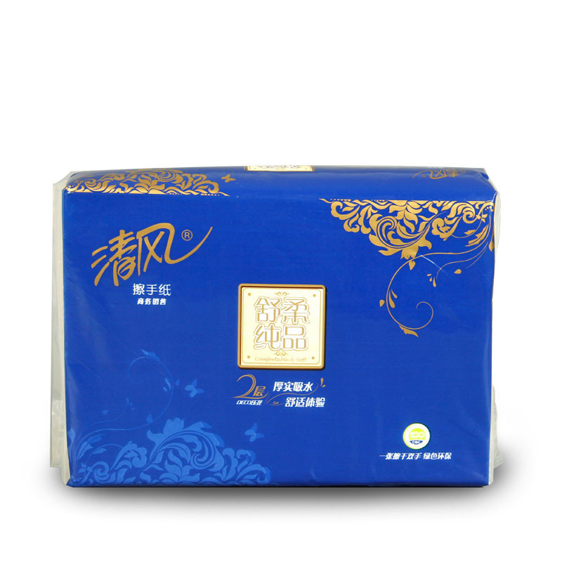清风B913B舒柔纯品2层DECO压花150张擦手纸软包 原生木浆 商用办公 生活用纸 卫生纸