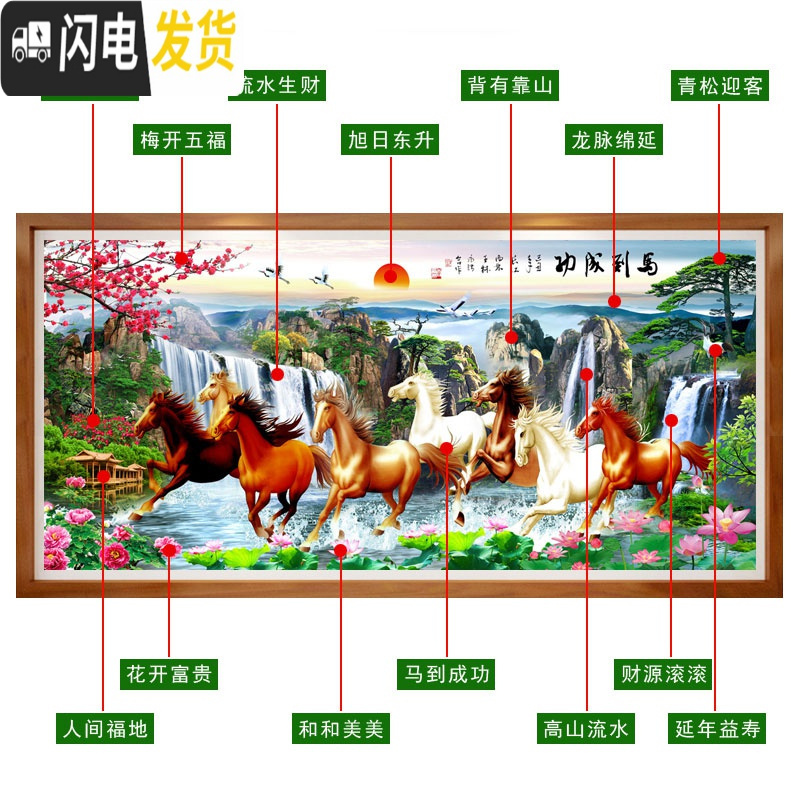 三维工匠线绣十字绣2019新款绣客厅山水风景画八骏图马到成功满绣大幅大 [棉线]150×65厘米[满绣]3股线绣+送工具