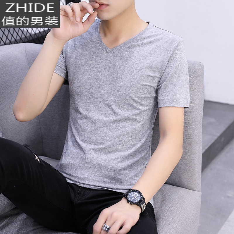 suntek棉t恤男士短袖v领韩版潮流半袖色春季衣服体桖男装长袖打底衫