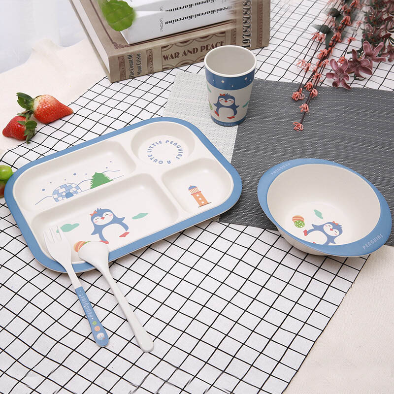 阳光飞歌 竹纤维儿童餐具套装 儿童分隔餐盘卡通水杯碗勺叉子企鹅5件套A002
