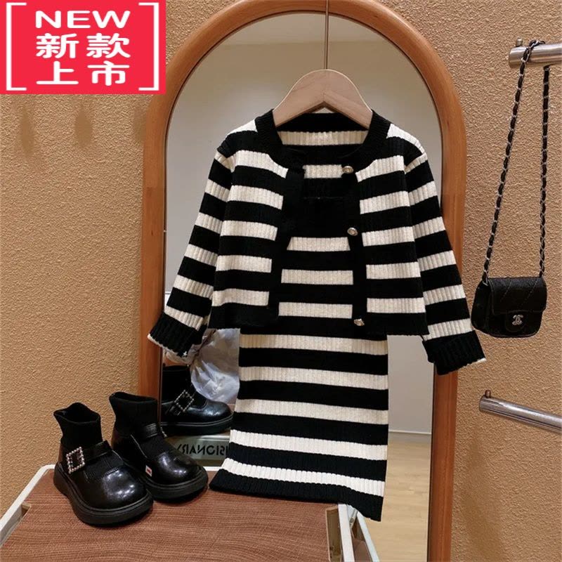 可莉允女童秋装条纹毛衣套装裙2022新款儿童宝宝针织开衫毛线裙子两件套图片