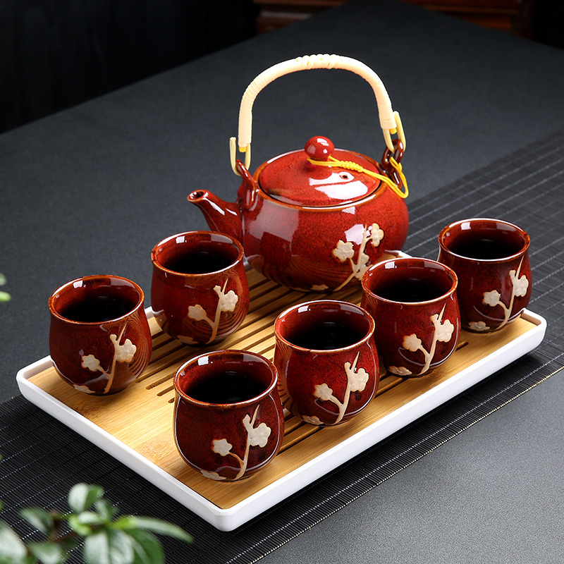 茶具套装家用陶瓷杯提梁茶壶现代简约6只装大杯子冷水壶干泡茶盘|蓝色梅花款套装+长方茶盘(收藏送滤网壶绳茶巾) 10件