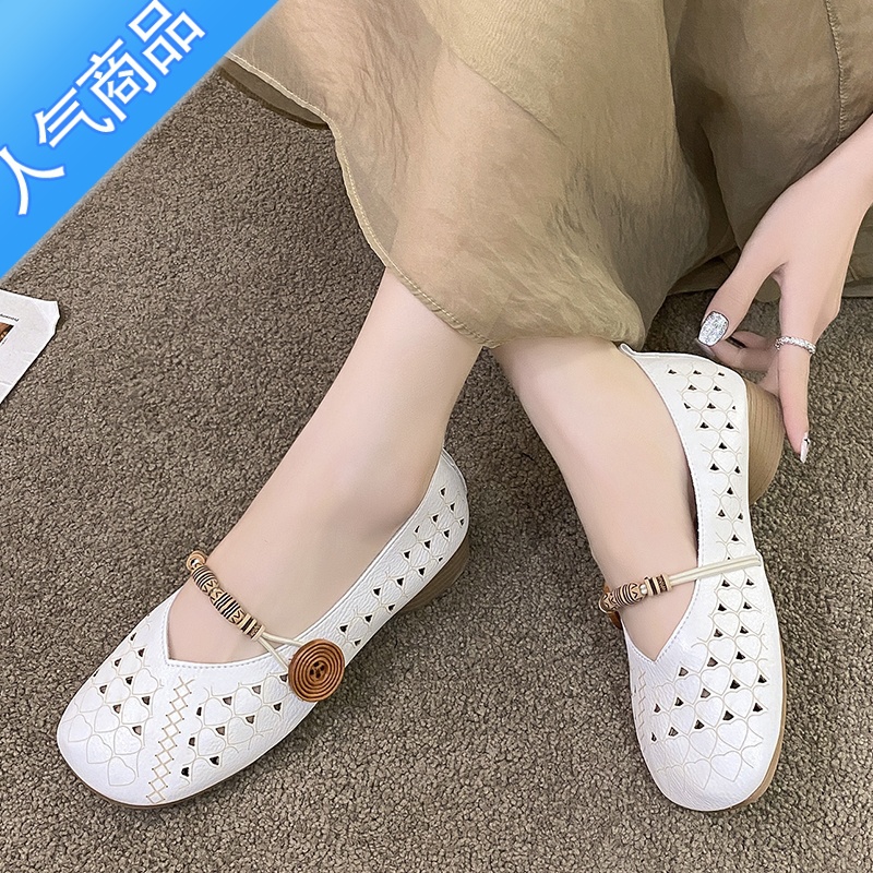 SUNTEK软底粗跟单鞋女中跟浅口鞋子2023春夏新款奶奶乐福鞋镂空凉鞋高清大图