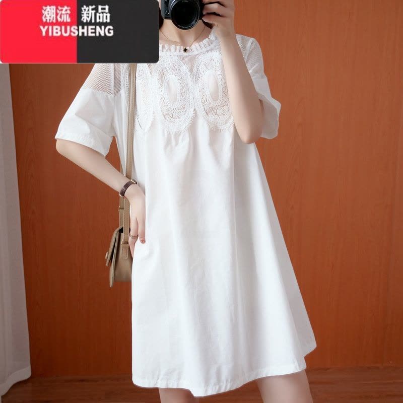 YIBUSHENG大码女装韩版蕾丝拼接网纱连衣裙春新款胖mm纯色显瘦短袖中长裙图片
