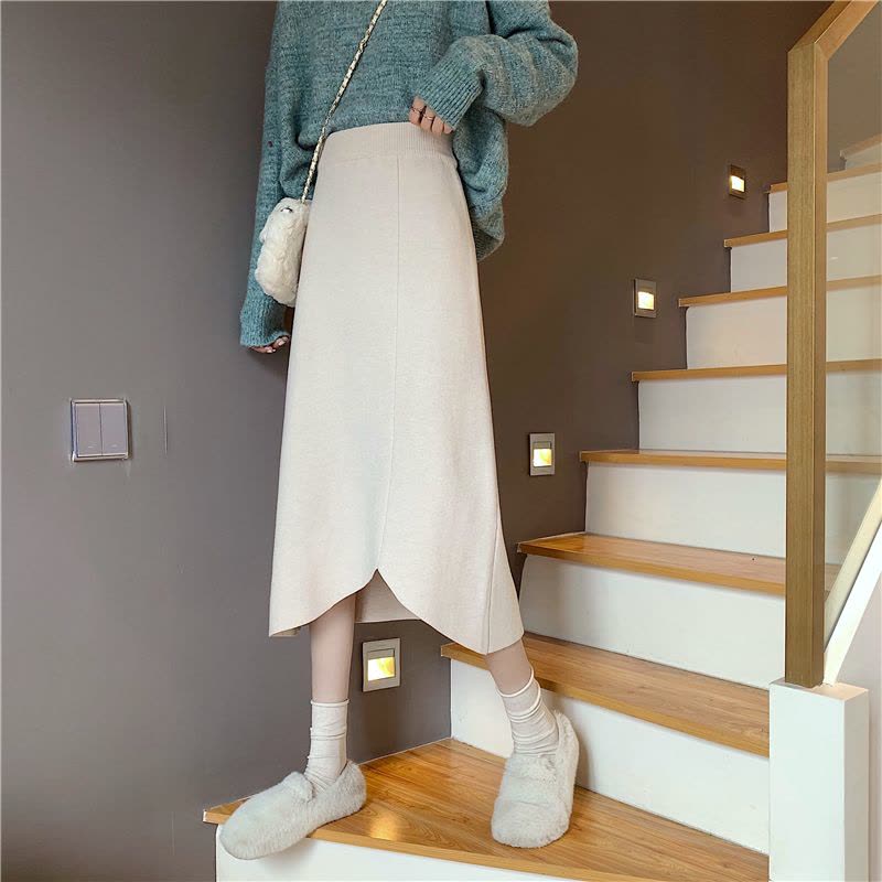 述雅半身裙春秋女新款高腰显瘦不规则a字中长裙纯色百搭针织裙子韩版图片