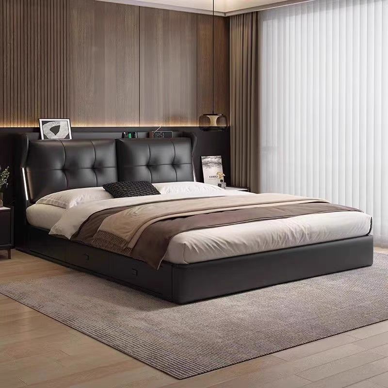 现代简约真皮床高箱抽屉大床储物奶油带灯多功能主卧双人床小户型婚床高清大图