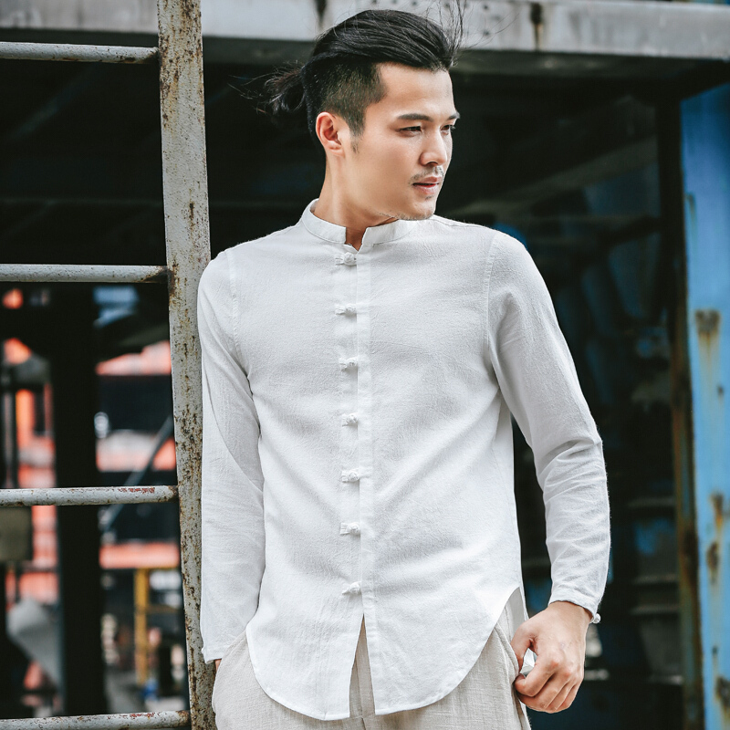 佛系衣服唐装打底衫古装盘扣亚麻男士长袖衬衫棉麻衬衣中国风男装白色