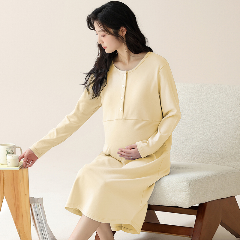 纯棉月子服带胸垫孕妇待产裙产妇睡裙防凸点睡裙家居服全棉