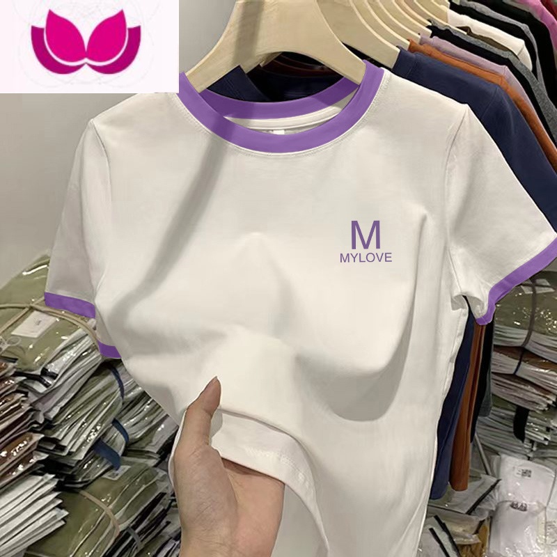 七斓插肩短袖夏季新款拼接撞色t恤女宽松小众设计感洋气上衣ins潮高清大图