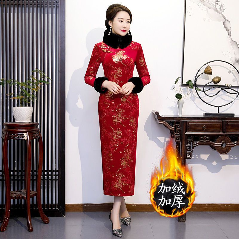 冬季新款加绒加厚旗袍女长款修身气质旗袍连衣裙日常走秀婚礼服