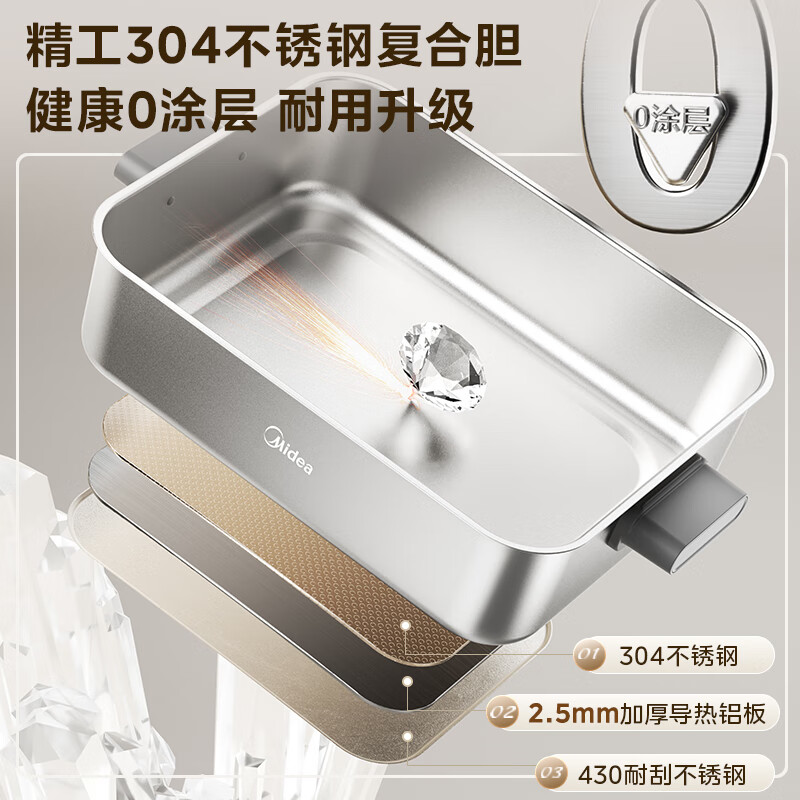 美的(Midea)0涂层电火锅不锈钢超薄速沸火锅专用锅分体可拆全钢8L电煮锅 MC-HGS3528G5 ZH高清大图