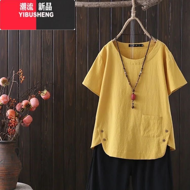 YIBUSHENG棉麻t恤女2024季新款大码洋气宽松复古纯色简约短袖上衣苎麻 黄色 2XL135-150斤内