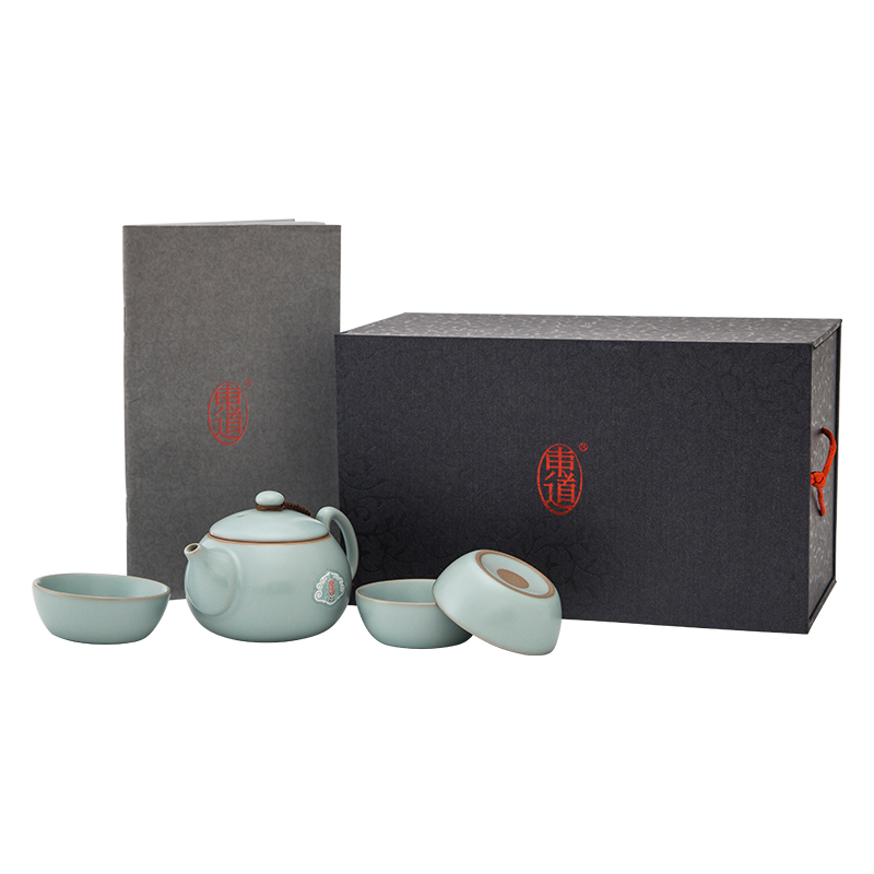 东道汝窑坐禅茶组(天青)陶瓷汝窑汝瓷景德镇茶具茶组 一壶三杯 禅意中国风 冰裂釉