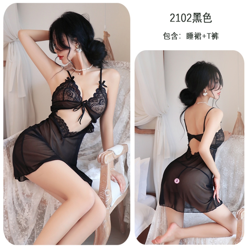 长夜漫漫情趣内衣性感睡裙激情制服诱惑性感透视睡衣开档免脱2102 黑色 均码(80-130斤)