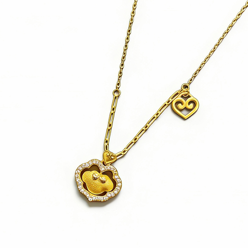 北京黄金 S925 银镶石拉丝福锁套链 国风如意锁 送女友礼物高清大图